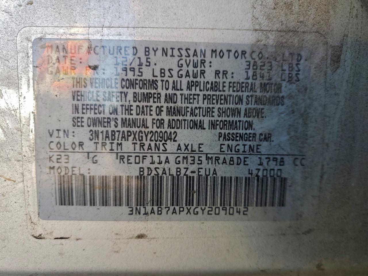 2016 Nissan Sentra S VIN: 3N1AB7APXGY209042 Lot: 96932675