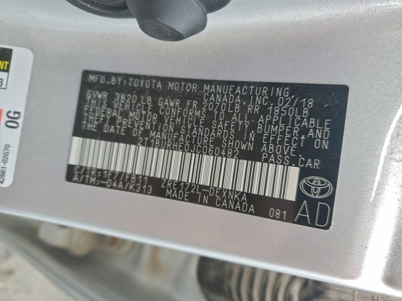 2018 Toyota Corolla L VIN: 2T1BURHE0JC060482 Lot: 94978855