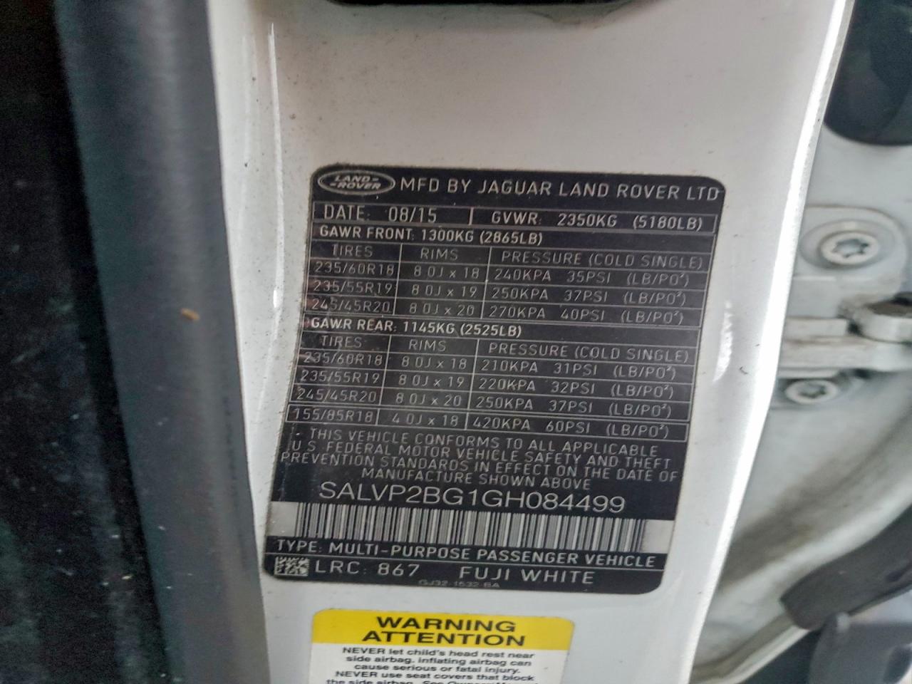 2016 Land Rover Range Rover Evoque Se VIN: SALVP2BG1GH084499 Lot: 95182885