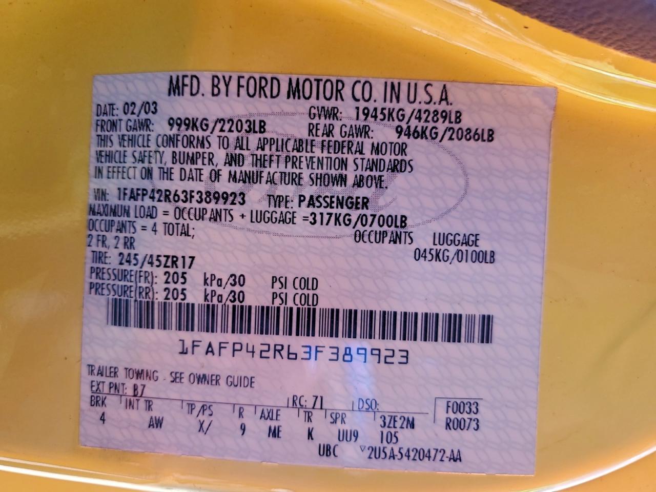 2003 Ford Mustang Mach I VIN: 1FAFP42R63F389923 Lot: 94196975