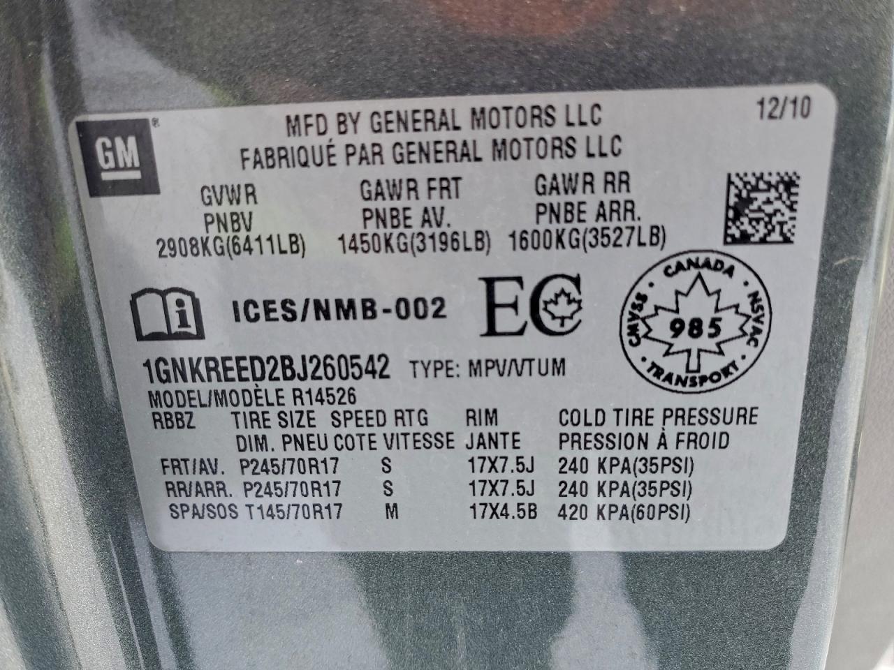 2011 Chevrolet Traverse Ls VIN: 1GNKREED2BJ260542 Lot: 95284895