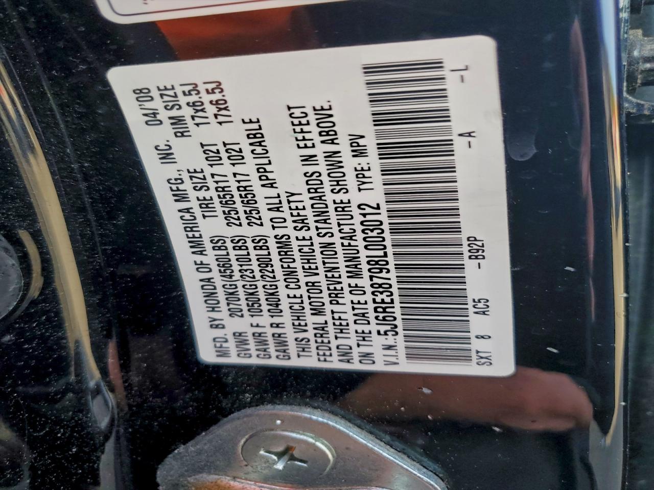 2008 Honda Cr-V Exl VIN: 5J6RE38798L003012 Lot: 96751295