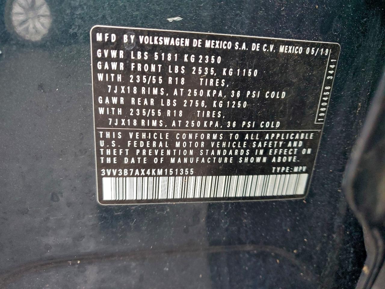 2019 Volkswagen Tiguan Se VIN: 3VV3B7AX4KM151355 Lot: 94707355