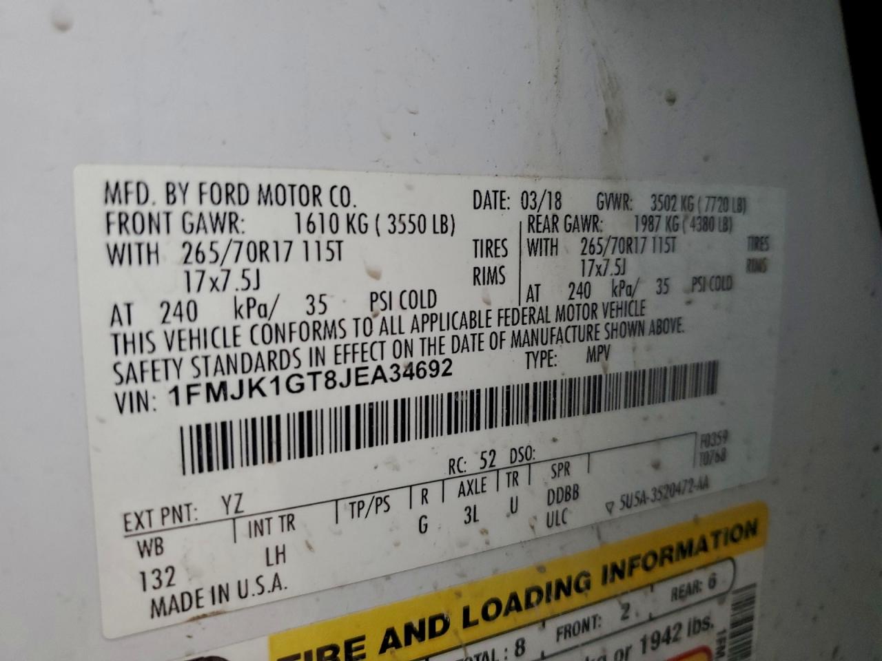 2018 Ford Expedition Max Xl VIN: 1FMJK1GT8JEA34692 Lot: 94986445