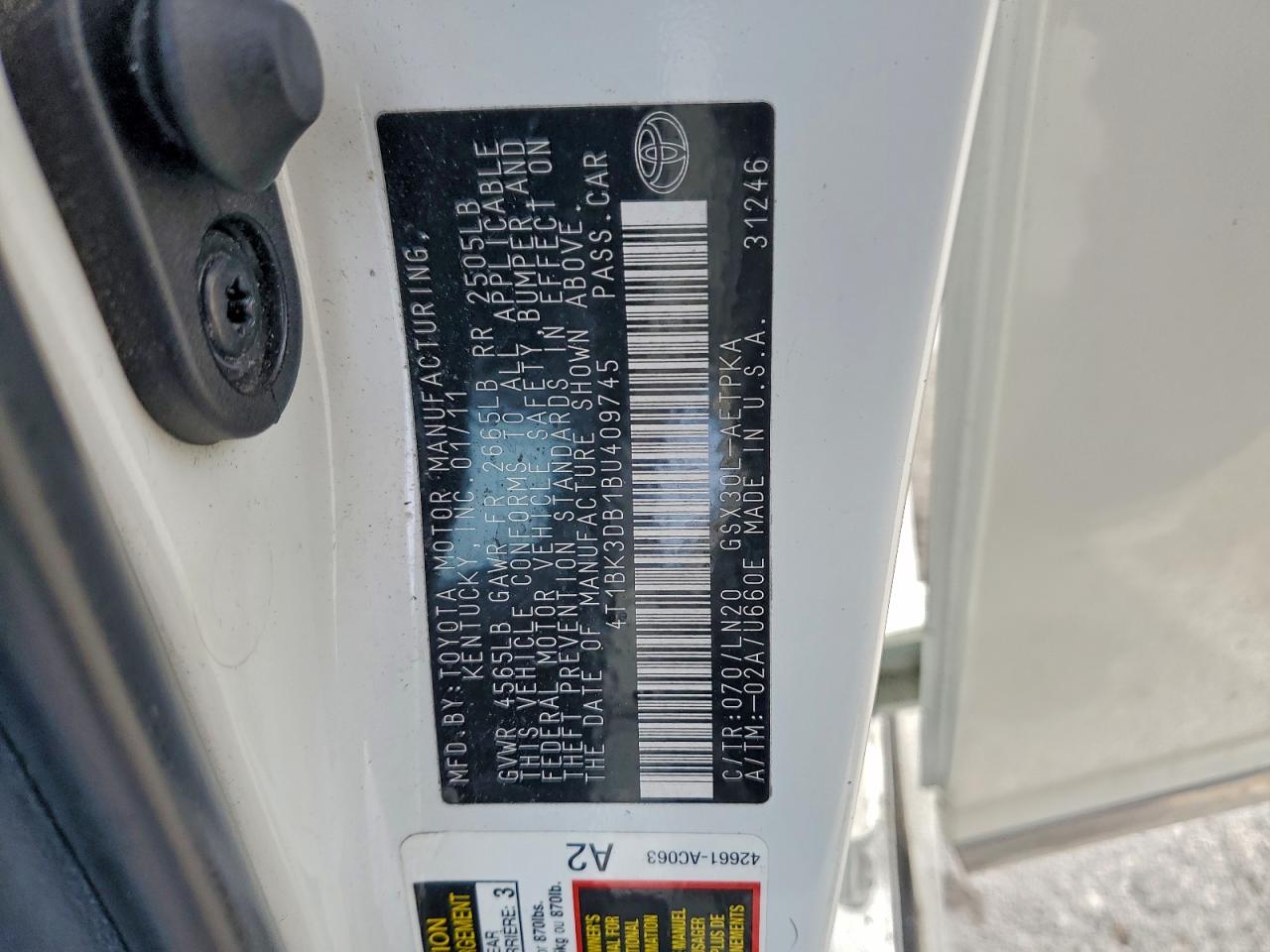 2011 Toyota Avalon Base VIN: 4T1BK3DB1BU409745 Lot: 91405915