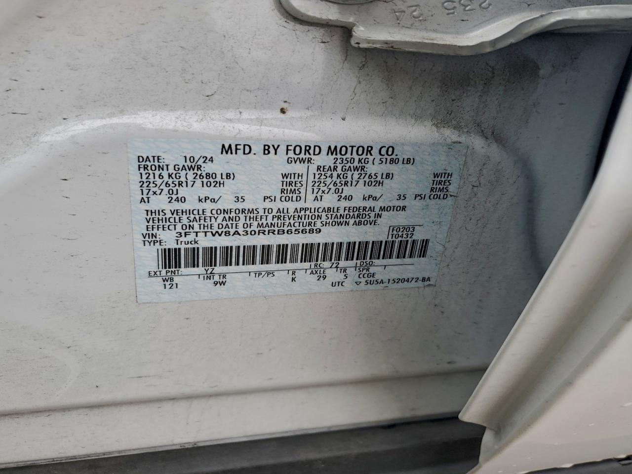 2024 Ford Maverick Xl VIN: 3FTTW8A30RRB65689 Lot: 95721455