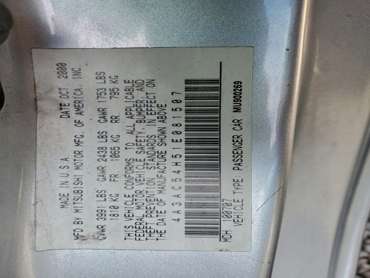 2001 Mitsubishi Eclipse Gt VIN: 4A3AC54H51E081507 Lot: 95194615