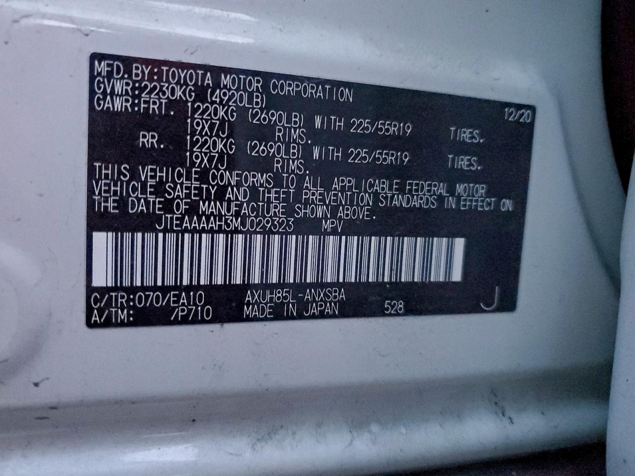 2021 Toyota Venza Le VIN: JTEAAAAH3MJ029323 Lot: 94904675