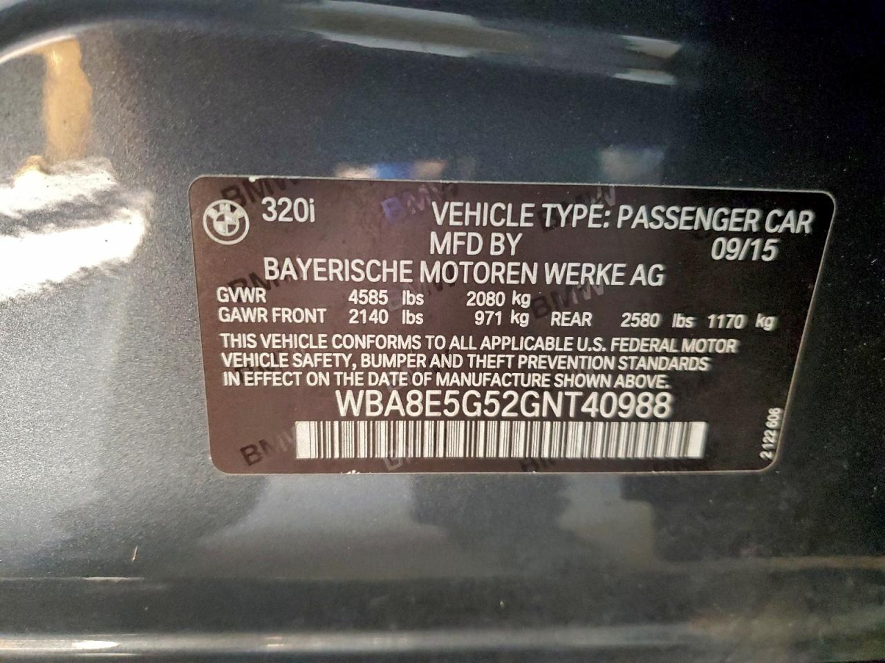 2016 BMW 320 Xi VIN: WBA8E5G52GNT40988 Lot: 95434295