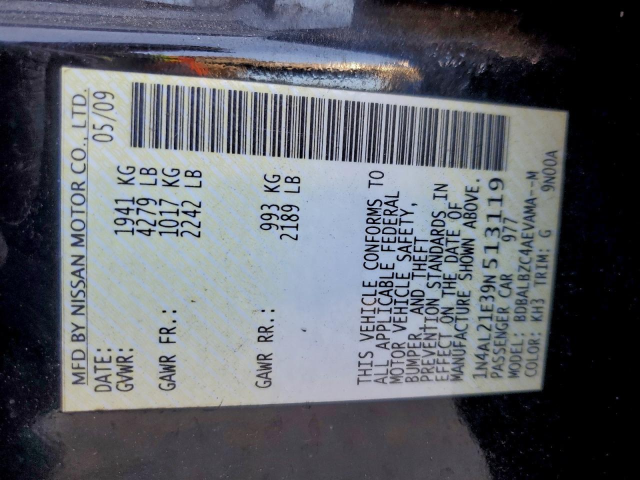 2009 Nissan Altima 2.5 VIN: 1N4AL21E39N513119 Lot: 95430465