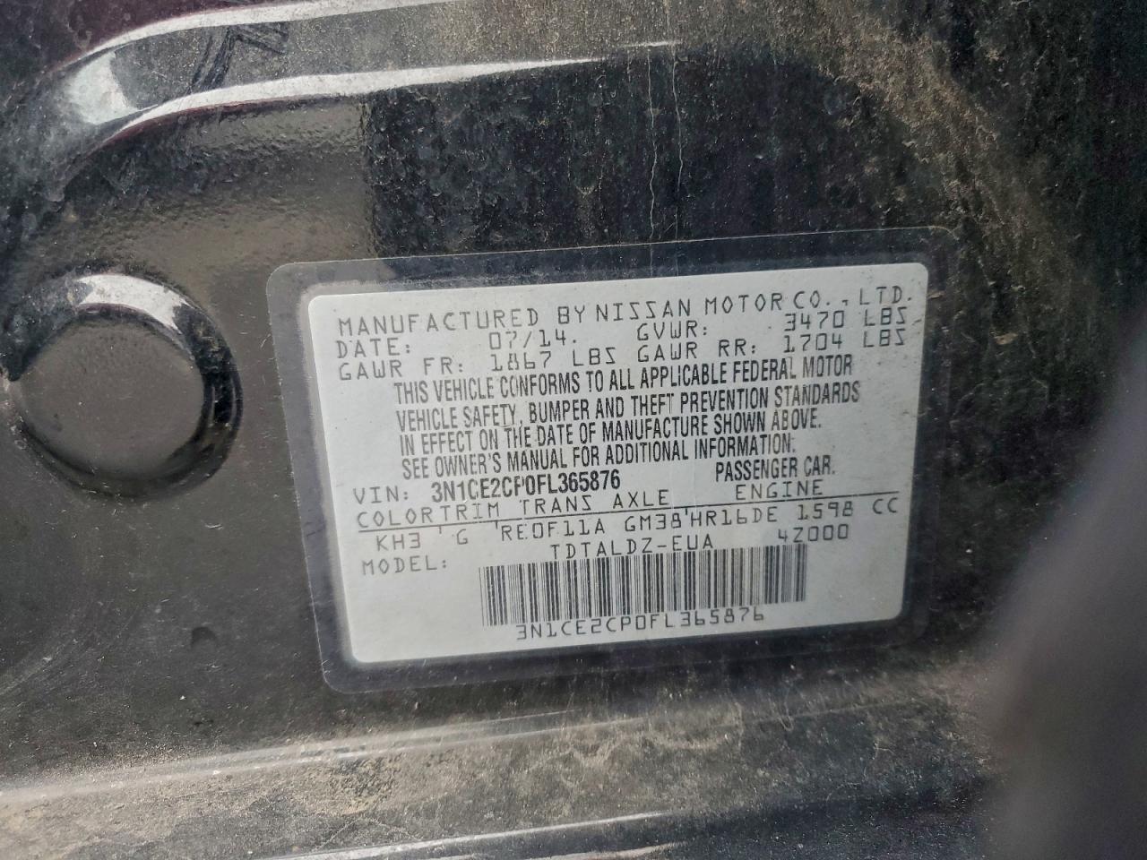 2015 Nissan Versa Note S VIN: 3N1CE2CP0FL365876 Lot: 95758275