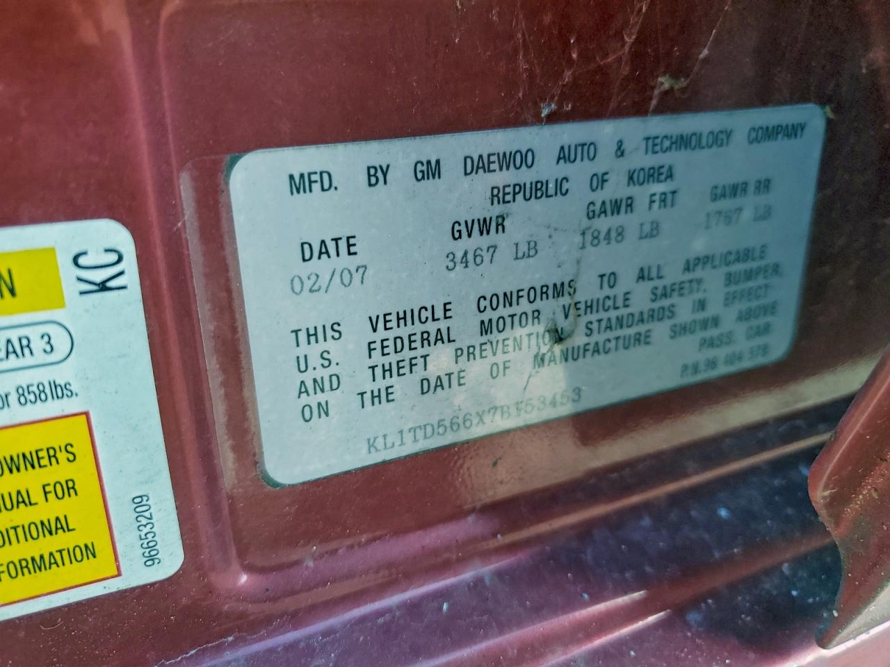 2007 Chevrolet Aveo Base VIN: KL1TD566X7B153453 Lot: 95138665