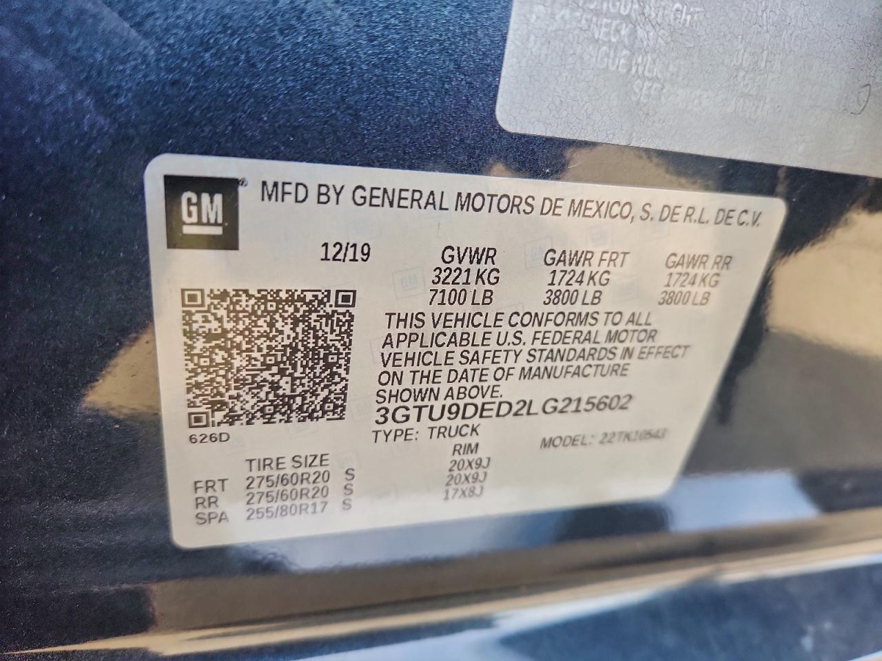 2020 GMC Sierra K1500 Slt VIN: 3GTU9DED2LG215602 Lot: 95147525