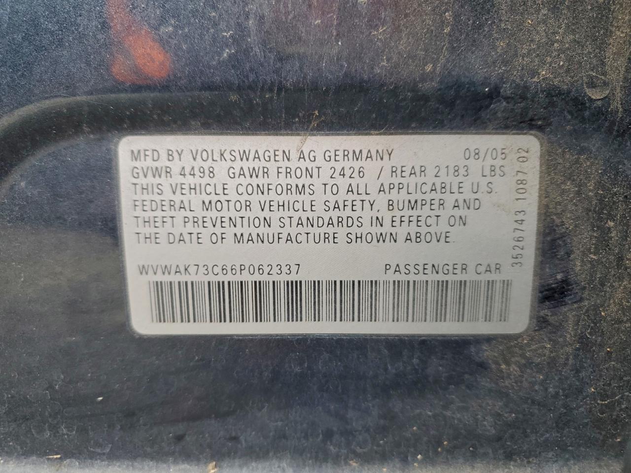 2006 Volkswagen Passat 2.0T VIN: WVWAK73C66P062337 Lot: 96780535