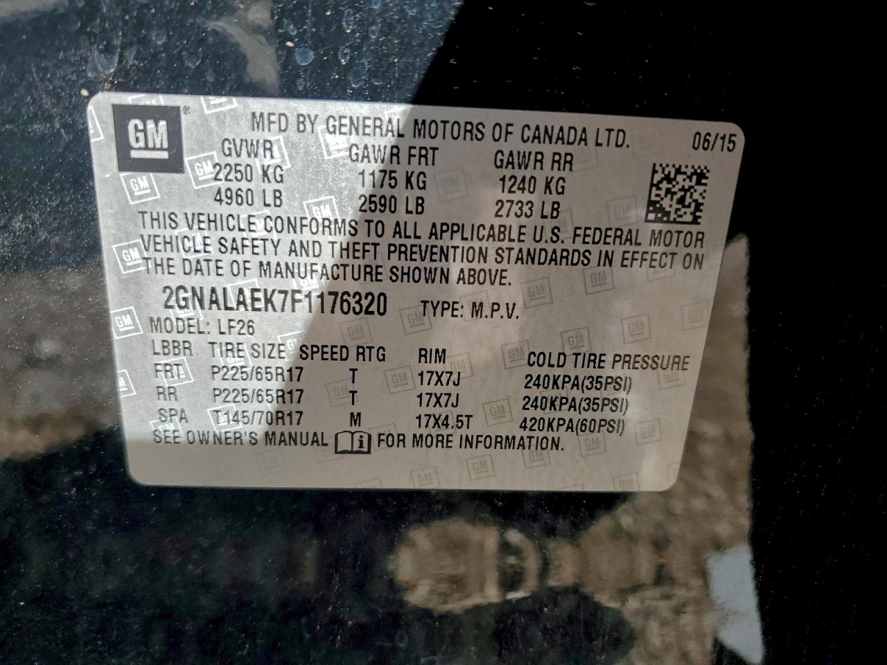 2015 Chevrolet Equinox Ls VIN: 2GNALAEK7F1176320 Lot: 95714155