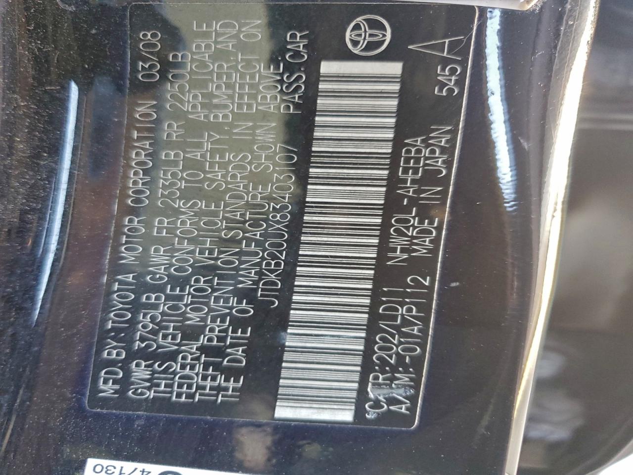 2008 Toyota Prius VIN: JTDKB20UX83403107 Lot: 95165925