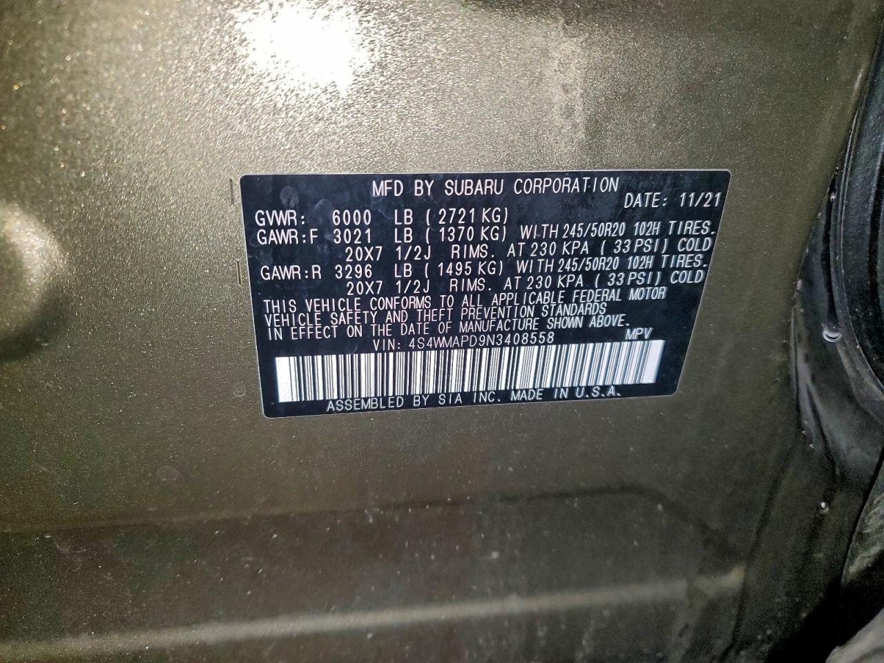 2022 Subaru Ascent Limited VIN: 4S4WMAPD9N3408558 Lot: 94674715