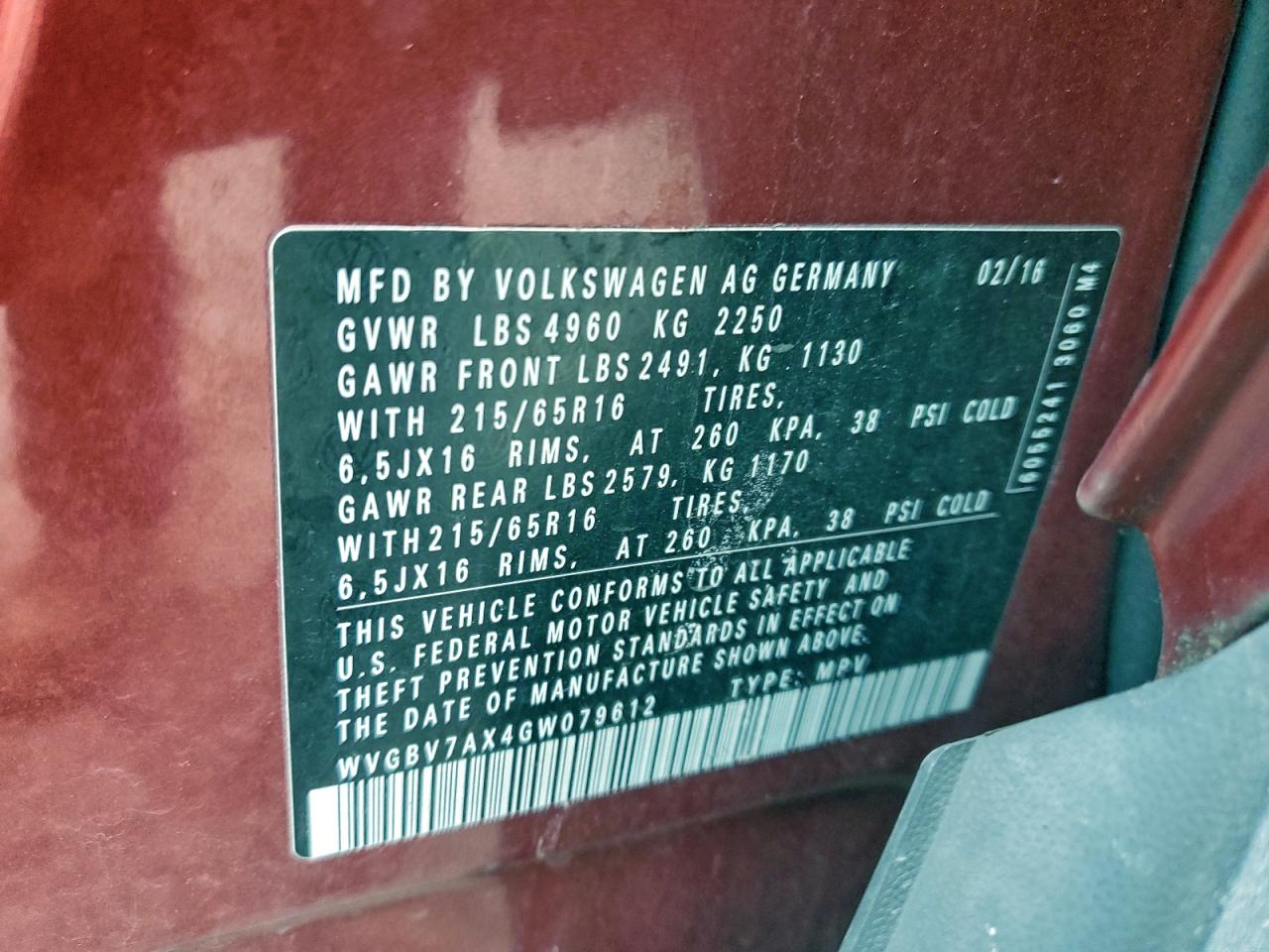 2016 Volkswagen Tiguan S VIN: WVGBV7AX4GW079612 Lot: 95854605