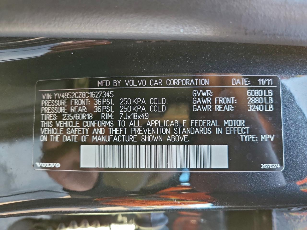 2012 Volvo Xc90 3.2 VIN: YV4952CZ8C1627345 Lot: 94514065