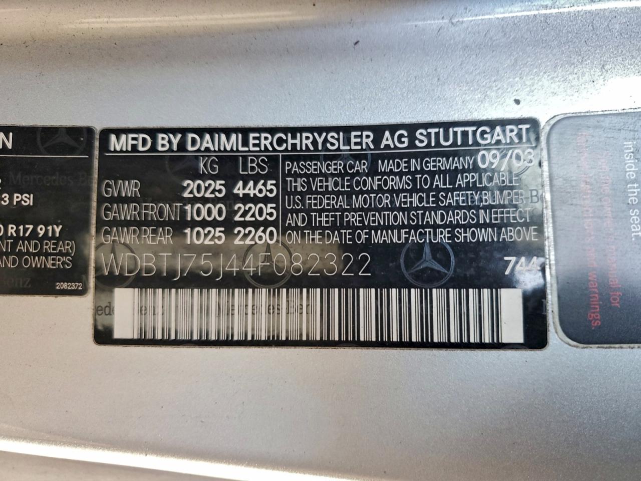 2004 Mercedes-Benz Clk 500 VIN: WDBTJ75J44F082322 Lot: 92814075