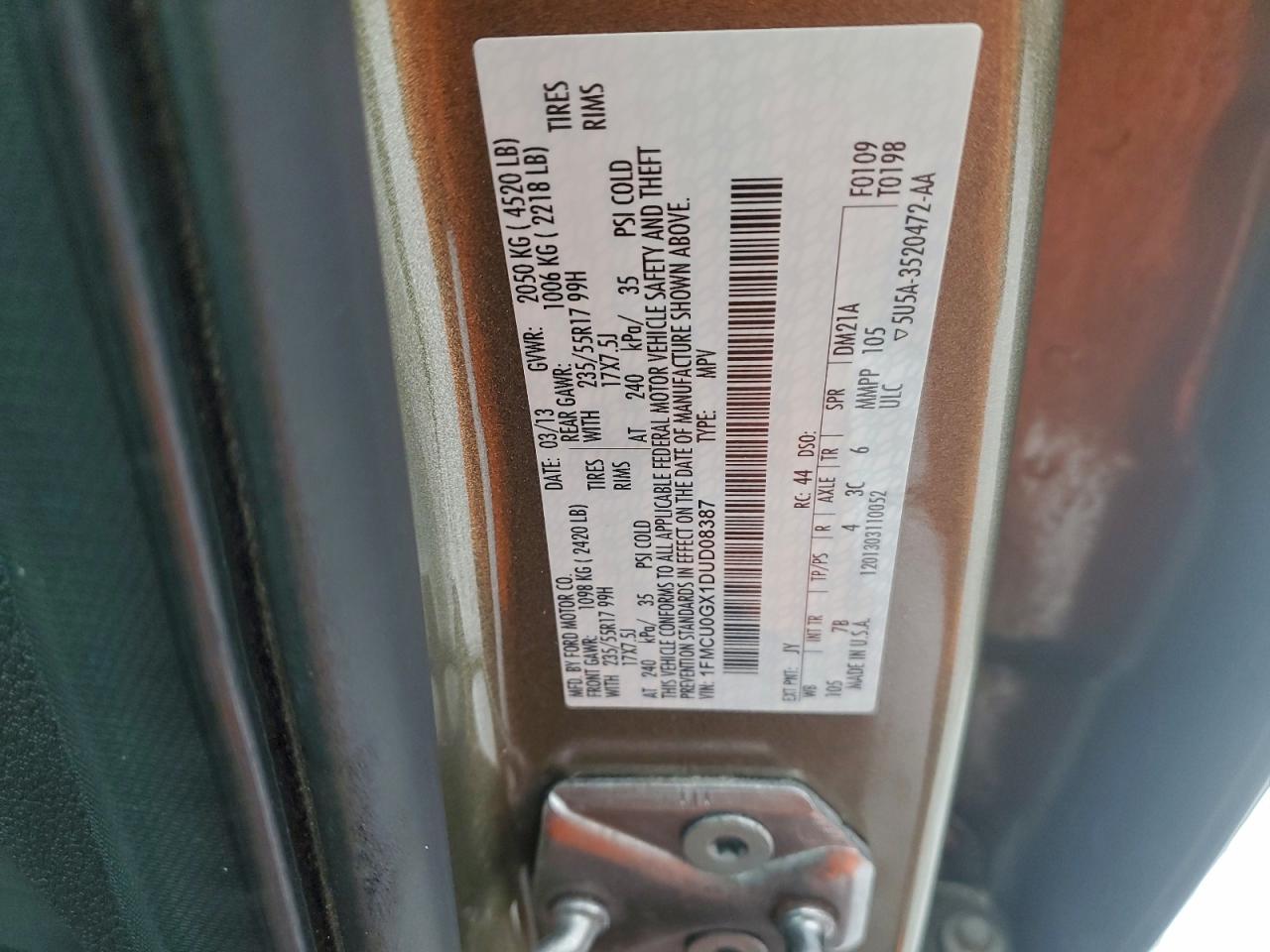 2013 Ford Escape Se VIN: 1FMCU0GX1DUD08387 Lot: 96835415