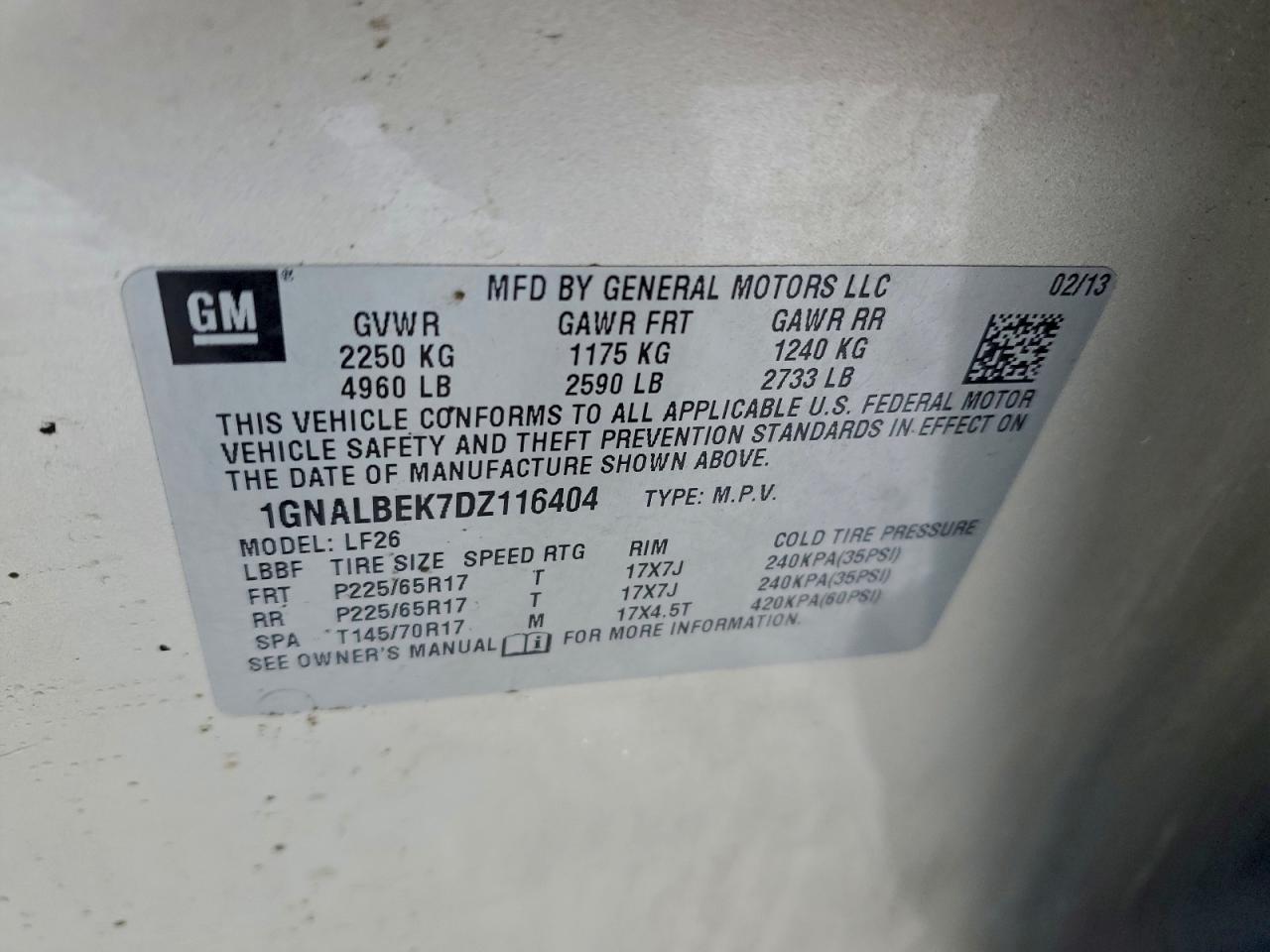 2013 Chevrolet Equinox Ls VIN: 1GNALBEK7DZ116404 Lot: 95172735