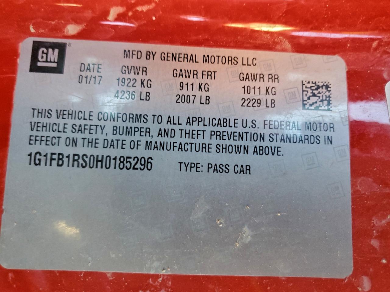 2017 Chevrolet Camaro Lt VIN: 1G1FB1RS0H0185296 Lot: 96270025