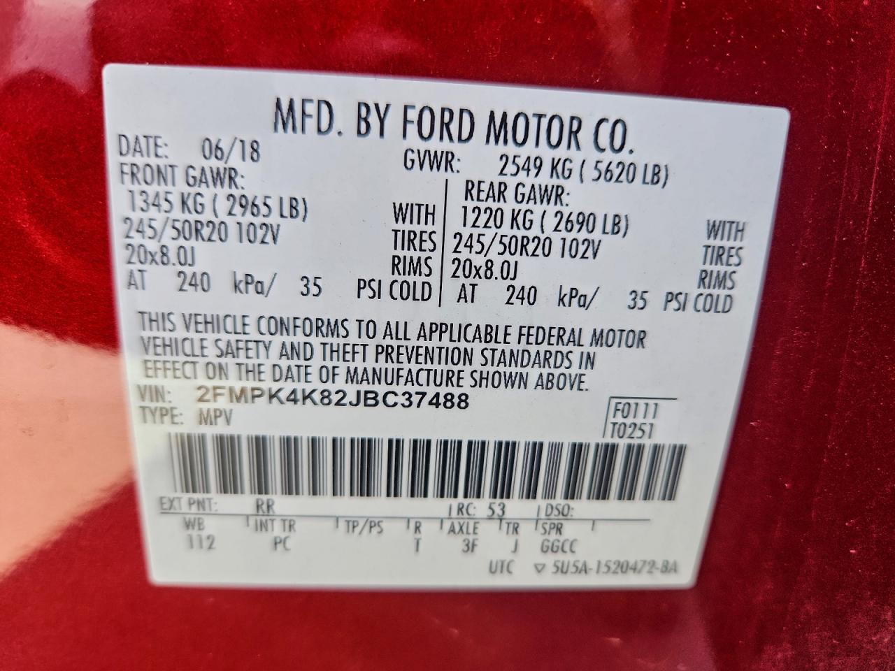 2018 Ford Edge Titanium VIN: 2FMPK4K82JBC37488 Lot: 96559315