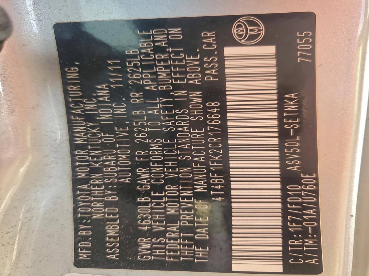 2012 Toyota Camry Base VIN: 4T4BF1FK2CR176648 Lot: 95288225