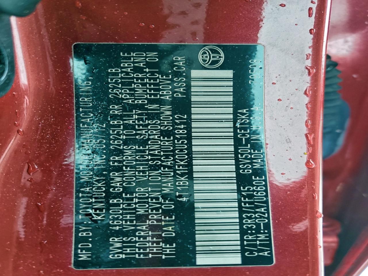 2012 Toyota Camry Se VIN: 4T1BK1FK0CU518412 Lot: 95089725