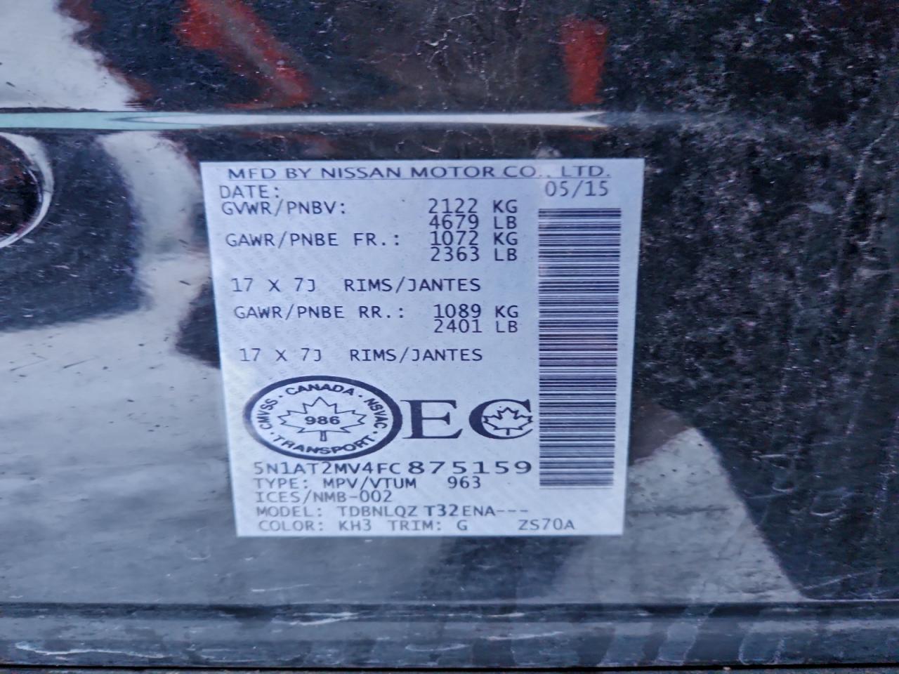 2015 Nissan Rogue S VIN: 5N1AT2MV4FC875159 Lot: 95267245