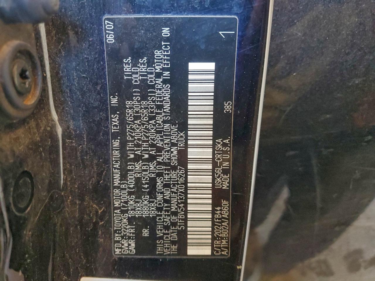 2007 Toyota Tundra Double Cab Sr5 VIN: 5TFBV54137X016267 Lot: 94832725