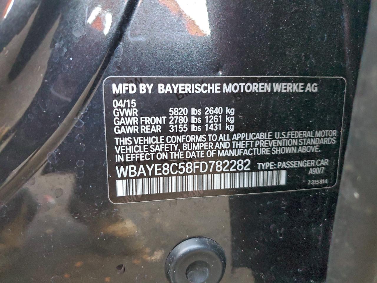 2015 BMW 750 Li VIN: WBAYE8C58FD782282 Lot: 93759985