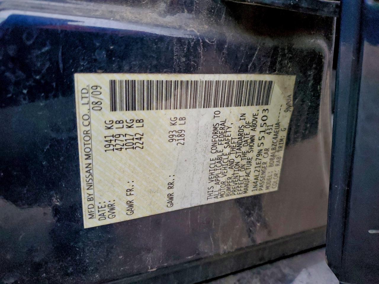 2009 Nissan Altima 2.5 VIN: 1N4AL21E79N551503 Lot: 96908775