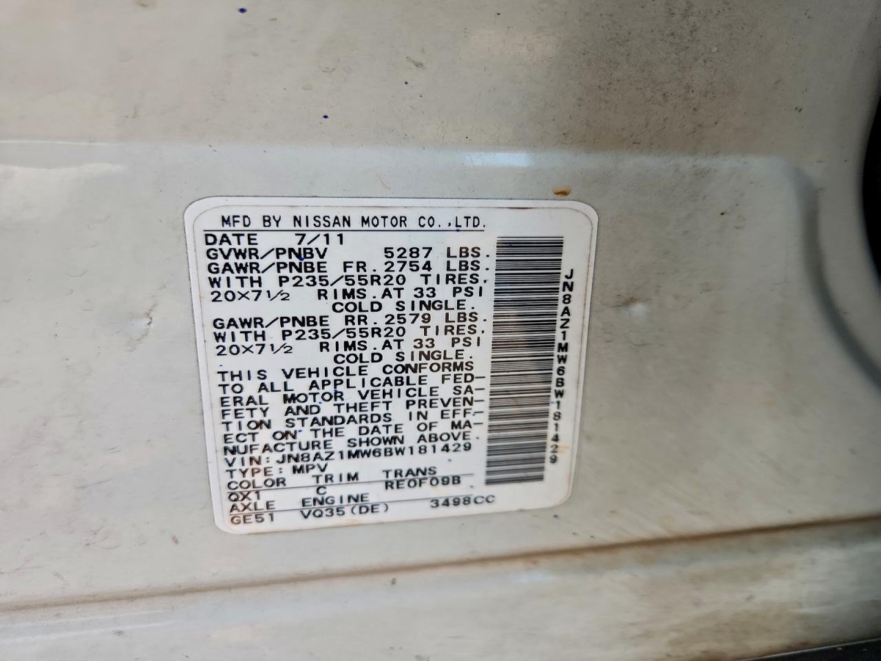 2011 Nissan Murano S VIN: JN8AZ1MW6BW181429 Lot: 96788035