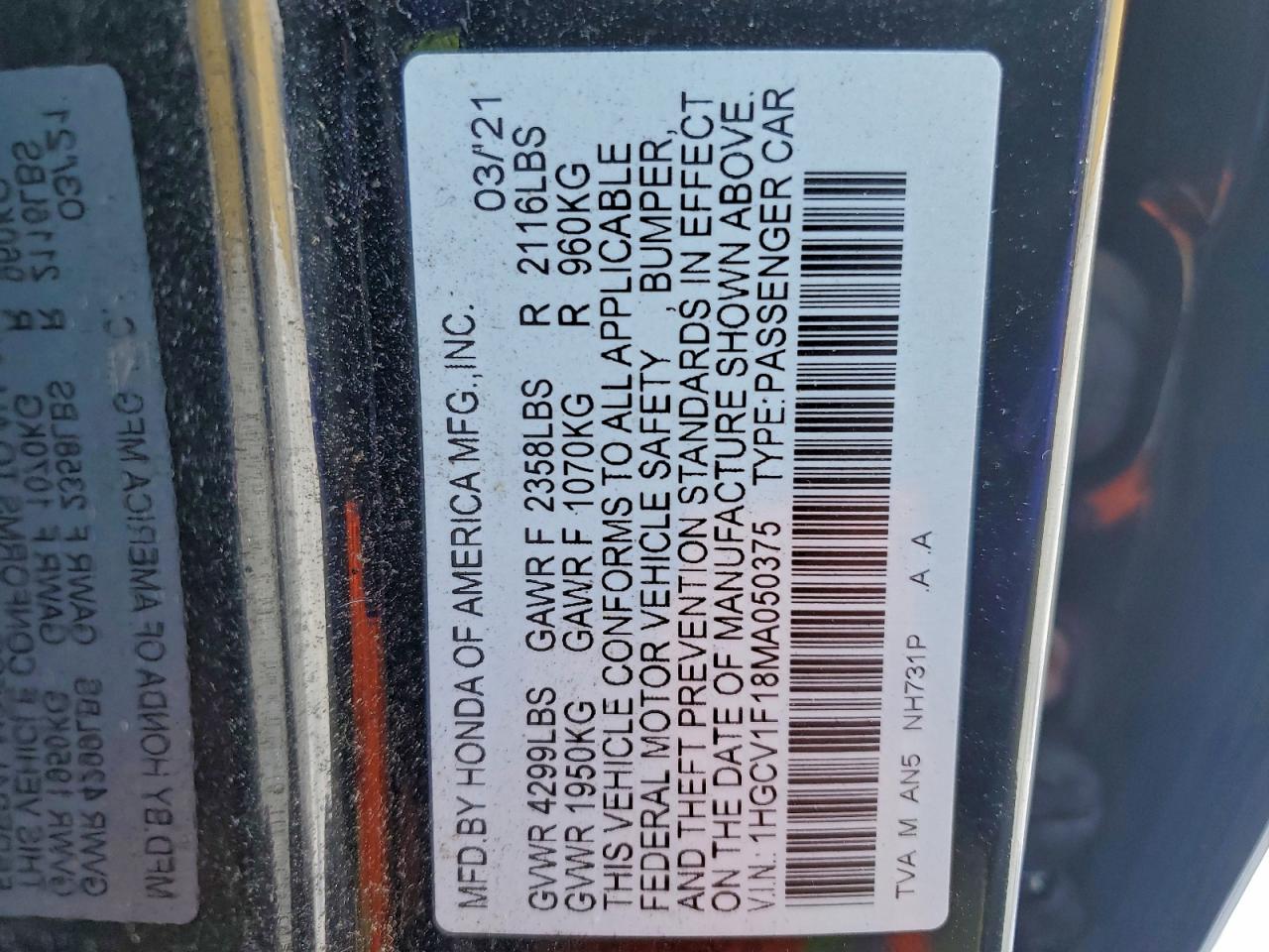 2021 Honda Accord Lx VIN: 1HGCV1F18MA050375 Lot: 95073555