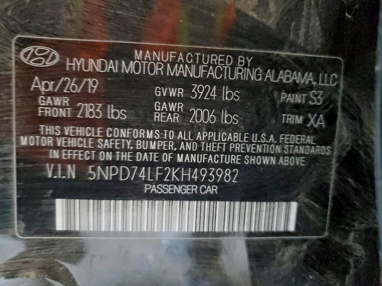 2019 Hyundai Elantra Se VIN: 5NPD74LF2KH493982 Lot: 97118845