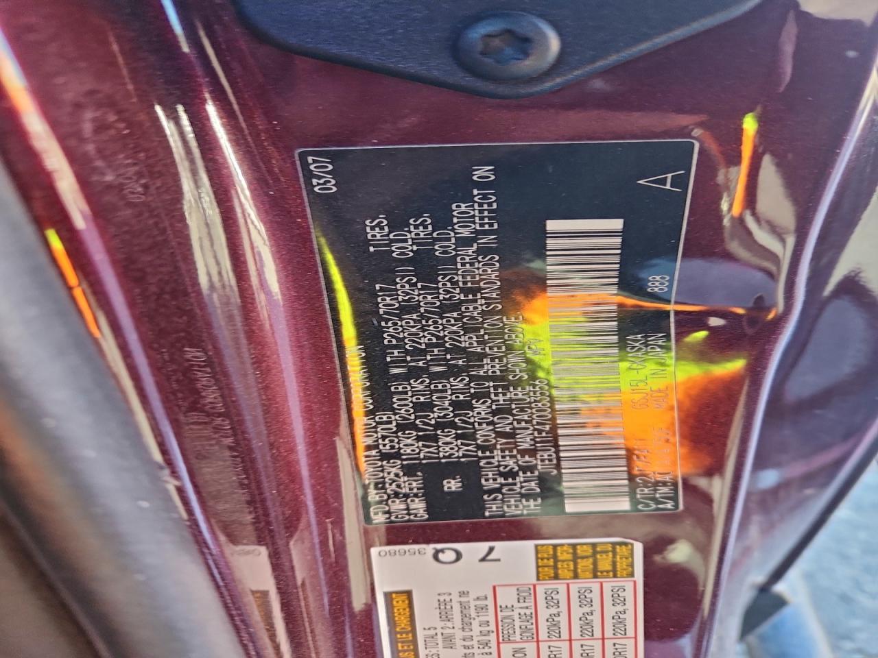 2007 Toyota Fj Cruiser VIN: JTEBU11F470083556 Lot: 95069325