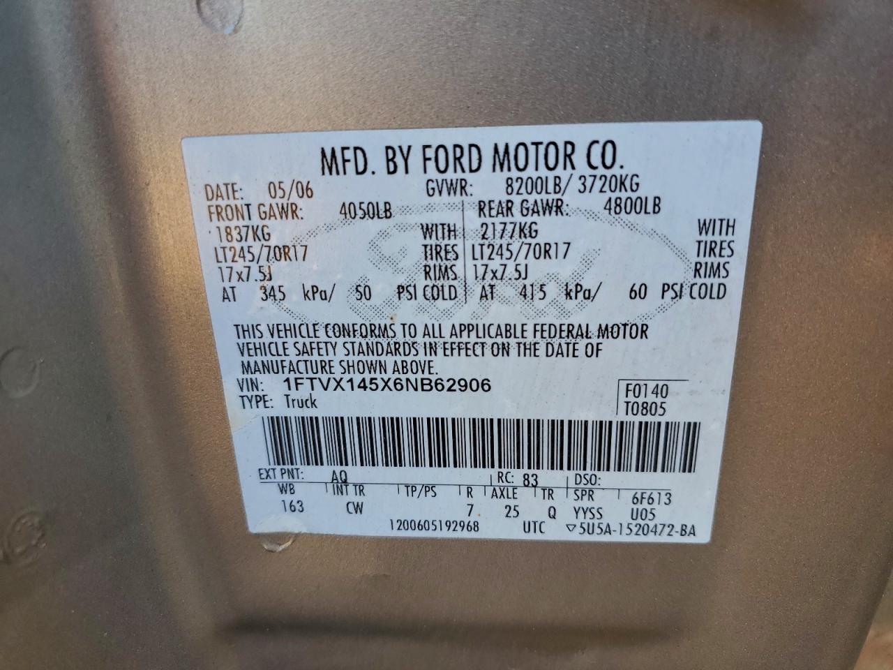 2006 Ford F150 VIN: 1FTVX145X6NB62906 Lot: 94980335