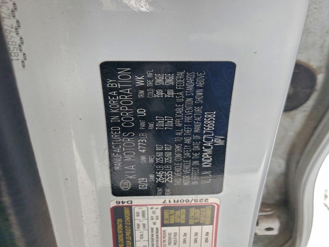 2020 Kia Sportage Lx VIN: KNDPMCAC7L7668581 Lot: 95340575