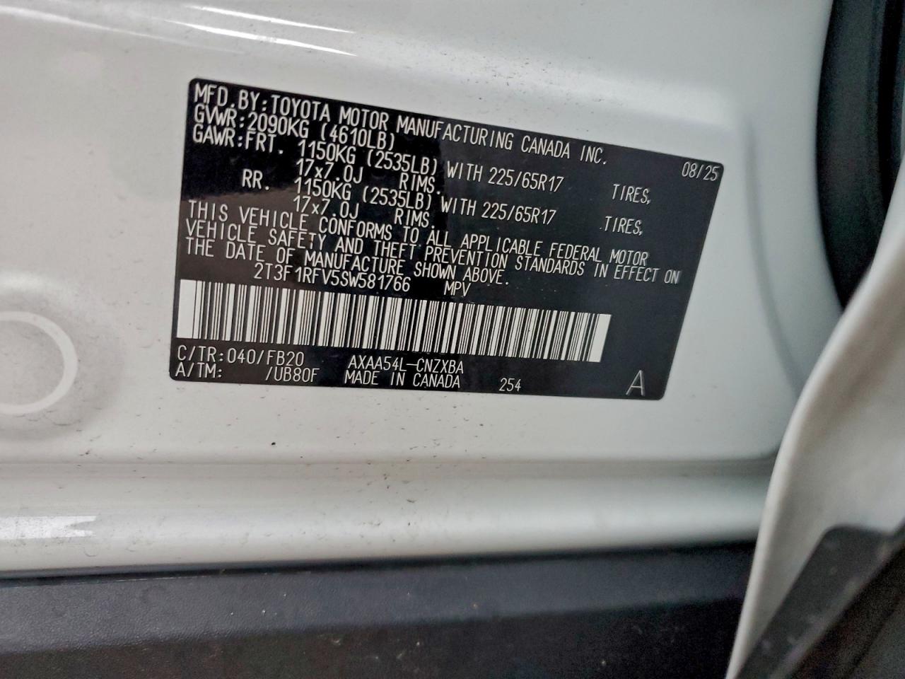 2025 Toyota Rav4 Le VIN: 2T3F1RFV5SW581766 Lot: 94270835