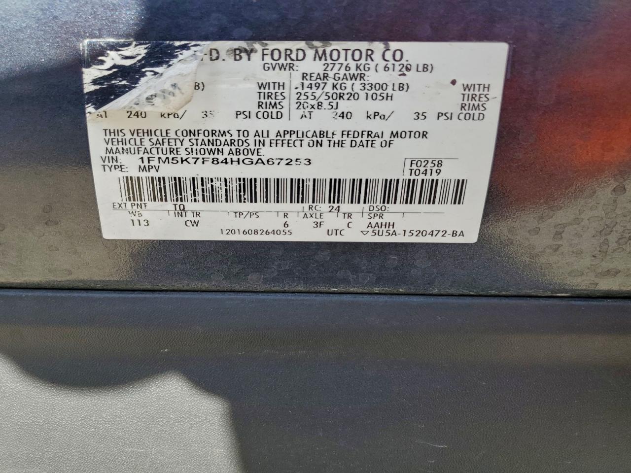 2017 Ford Explorer Limited VIN: 1FM5K7F84HGA67253 Lot: 95196755