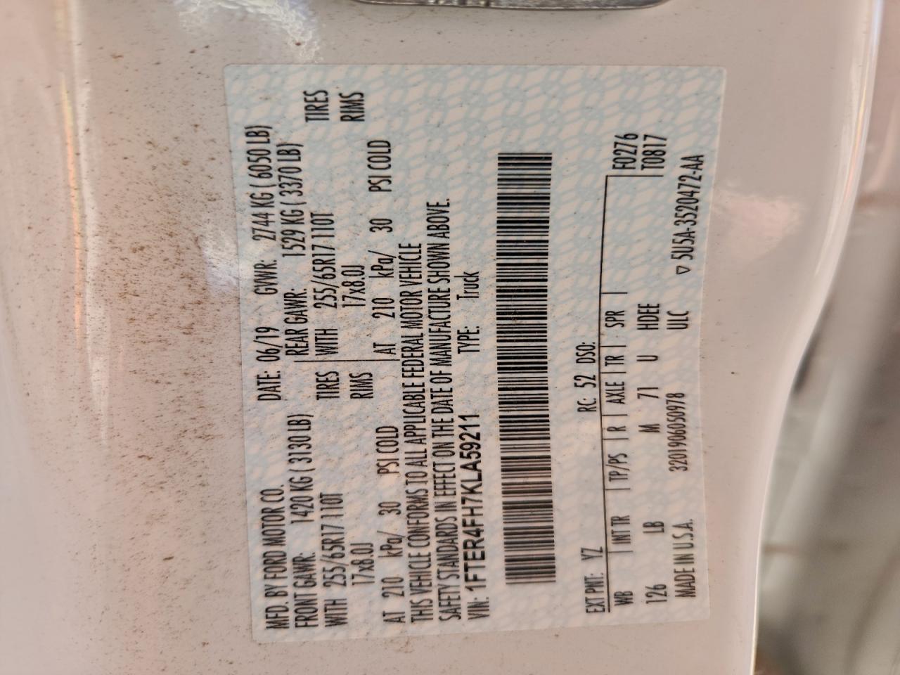 2019 Ford Ranger Xl VIN: 1FTER4FH7KLA59211 Lot: 96955395