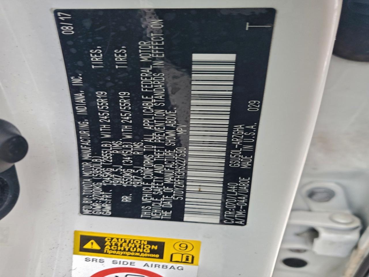 2017 Toyota Highlander Limited VIN: 5TDYZRFH3HS227590 Lot: 94516655