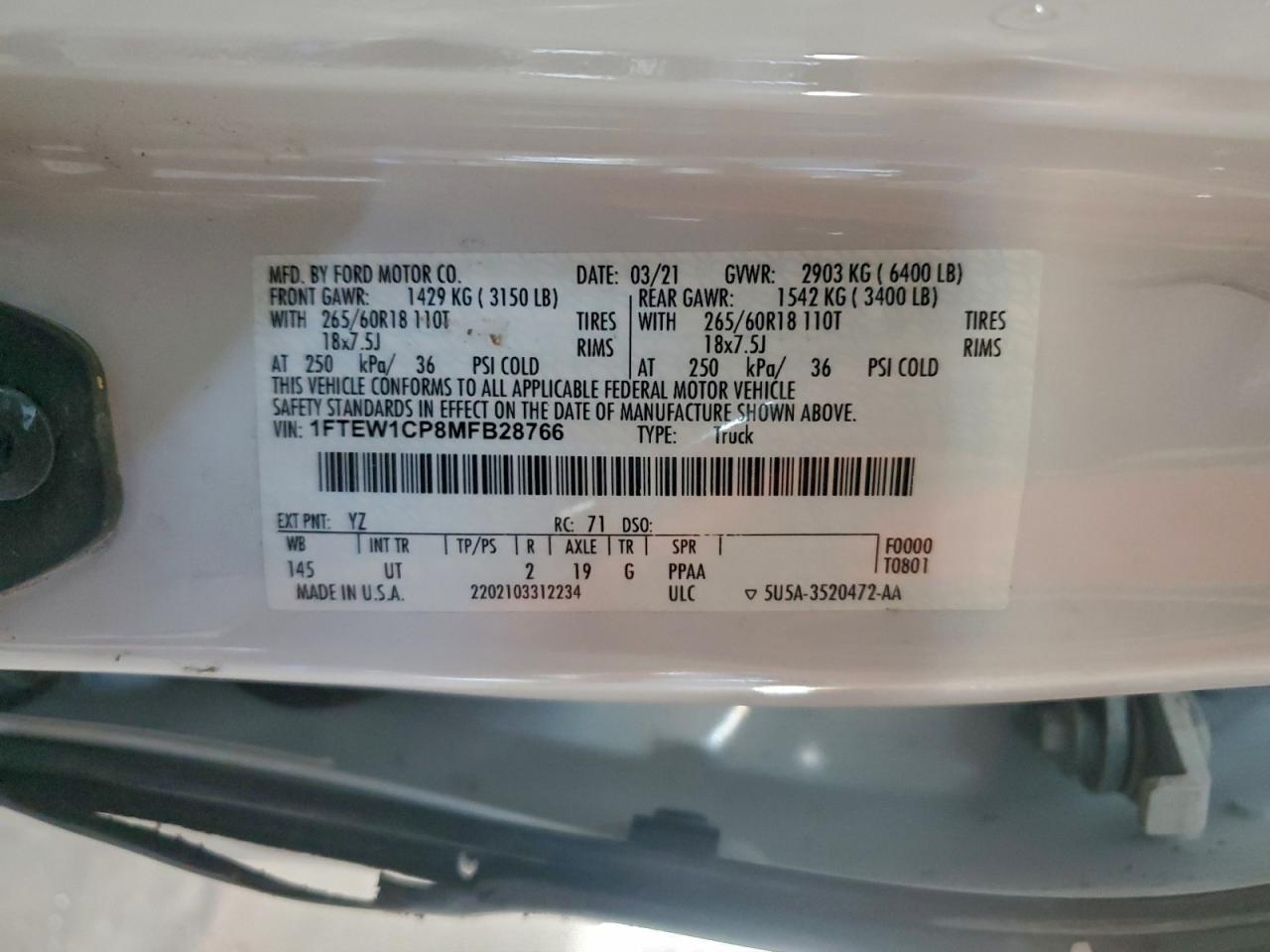 2021 Ford F150 Supercrew VIN: 1FTEW1CP8MFB28766 Lot: 96328485