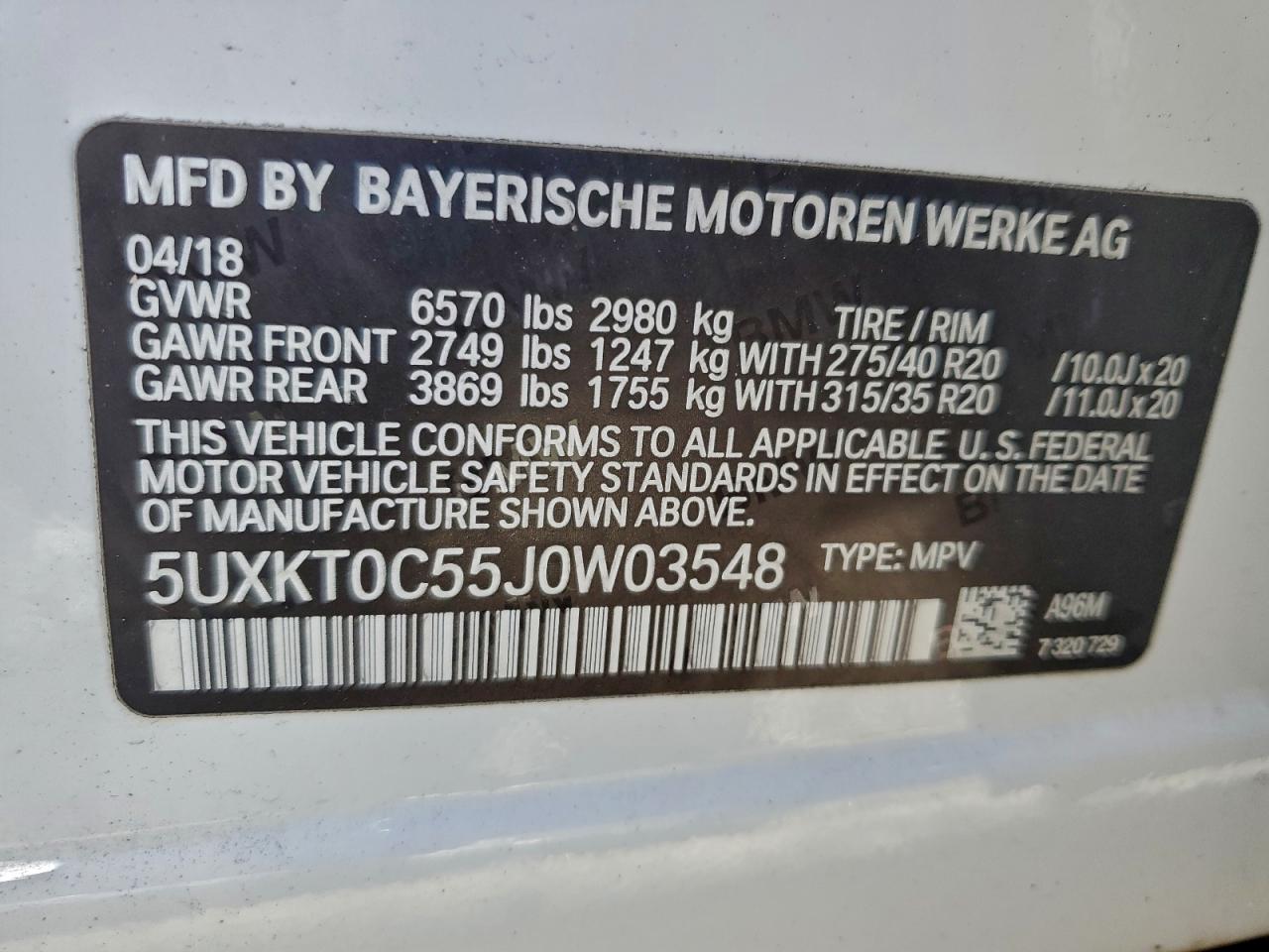 2018 BMW X5 Xdr40E VIN: 5UXKT0C55J0W03548 Lot: 95135685