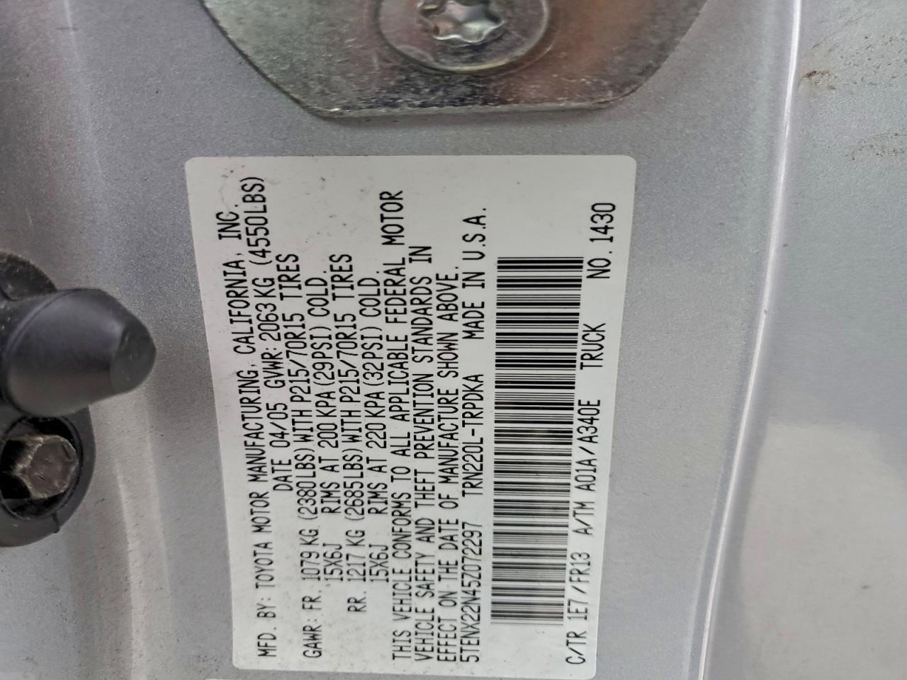 2005 Toyota Tacoma VIN: 5TENX22N45Z072297 Lot: 95402045