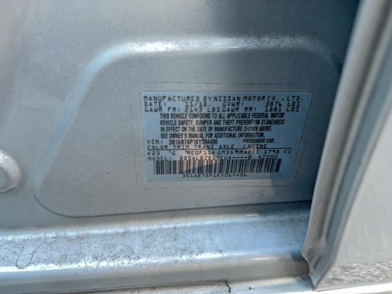 2019 Nissan Sentra S VIN: 3N1AB7AP1KY264486 Lot: 98255245