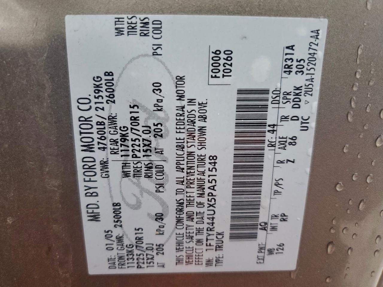 2005 Ford Ranger Super Cab VIN: 1FTYR44UX5PA51548 Lot: 96385465