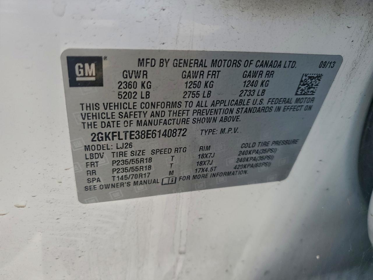 2014 GMC Terrain Slt VIN: 2GKFLTE38E6140872 Lot: 95094995